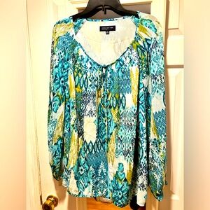 NWOT JONES NEW YORK SIGNATURE WOMAN’S 2X MULTICOLOR TEAL LONG SLEEVE BLOUSE.